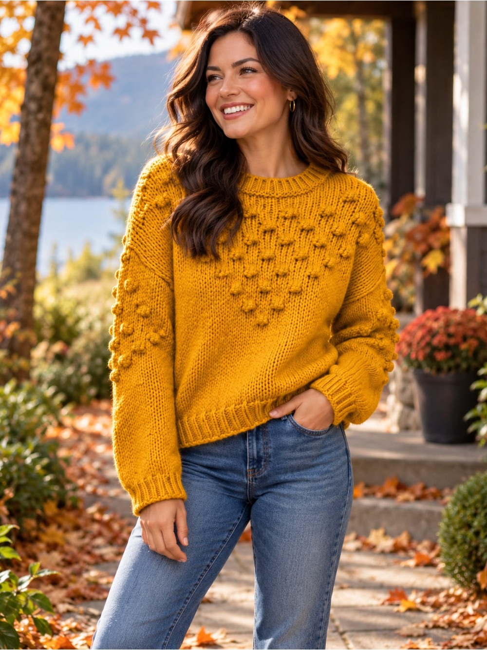 ABOUND Mustard Chunky Bobble Knit Sweater Women’s Large Cozy Fall Pullover